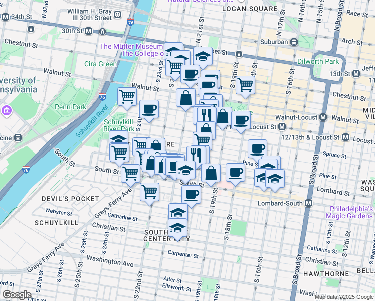 map of restaurants, bars, coffee shops, grocery stores, and more near 2033 Pine Street in Philadelphia