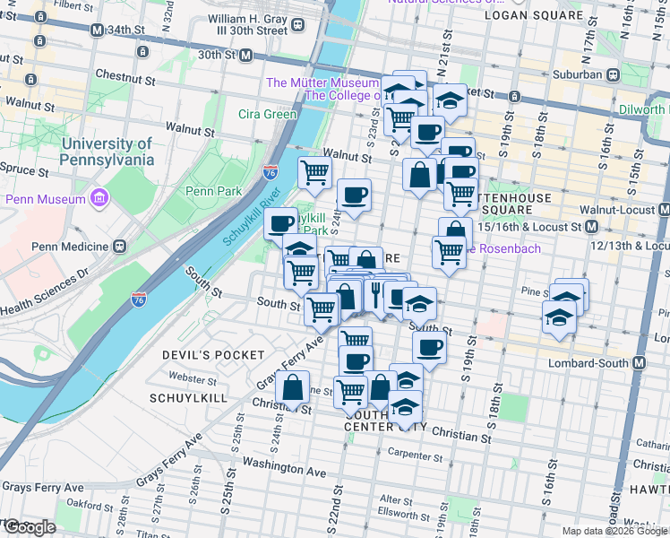 map of restaurants, bars, coffee shops, grocery stores, and more near 402 South 23rd Street in Philadelphia