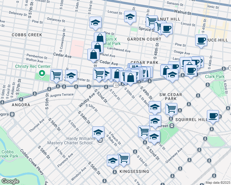 map of restaurants, bars, coffee shops, grocery stores, and more near 819 South 51st Street in Philadelphia