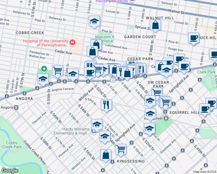 map of restaurants, bars, coffee shops, grocery stores, and more near 5119 Willows Avenue in Philadelphia