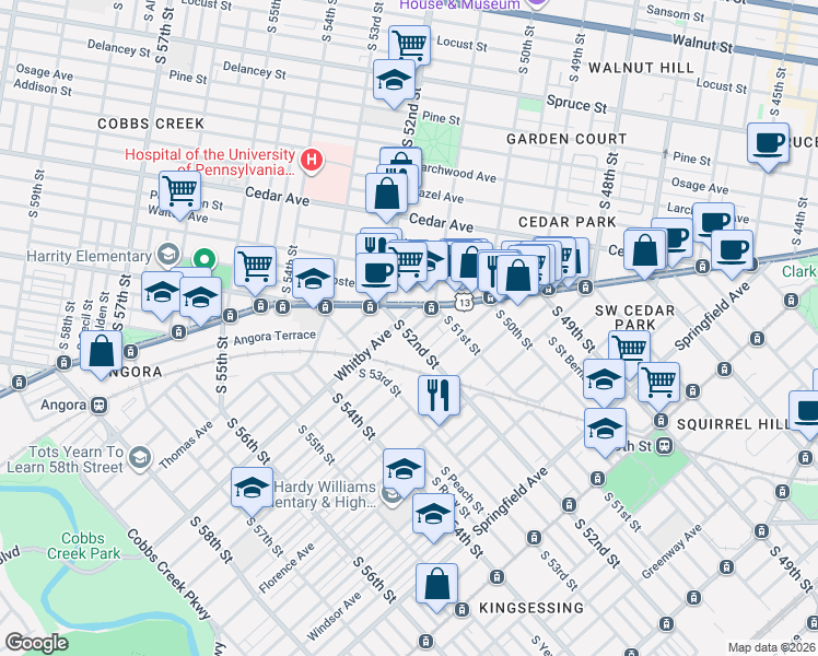 map of restaurants, bars, coffee shops, grocery stores, and more near 766 South 52nd Street in Philadelphia