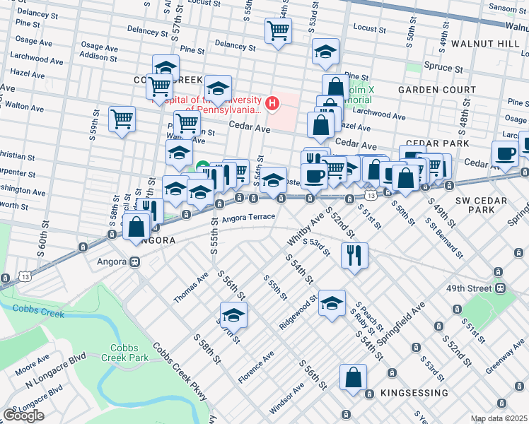 map of restaurants, bars, coffee shops, grocery stores, and more near 5326 Angora Terrace in Philadelphia