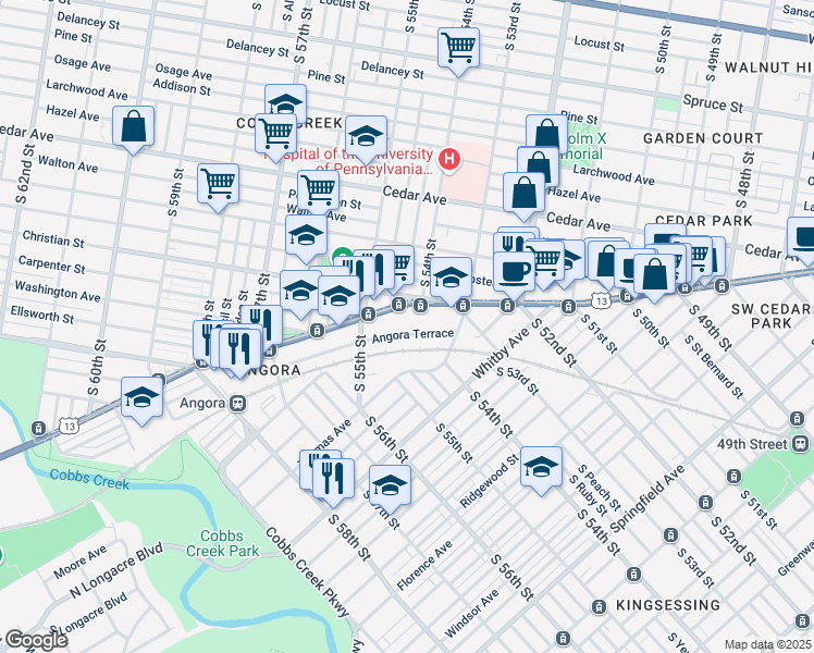 map of restaurants, bars, coffee shops, grocery stores, and more near 5422 Angora Terrace in Philadelphia