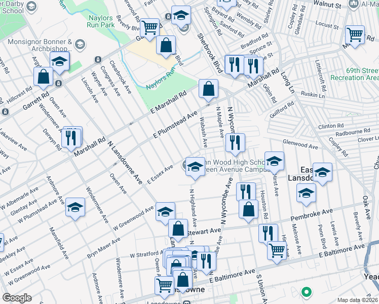 map of restaurants, bars, coffee shops, grocery stores, and more near 86 East Essex Avenue in Lansdowne