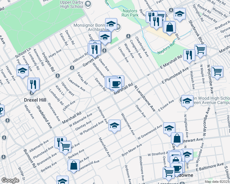 map of restaurants, bars, coffee shops, grocery stores, and more near 53 West Albemarle Avenue in Lansdowne