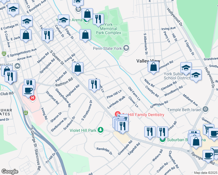 map of restaurants, bars, coffee shops, grocery stores, and more near 320 Old Orchard Lane in York