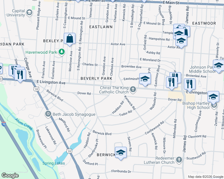 map of restaurants, bars, coffee shops, grocery stores, and more near 2646 Dover Road in Columbus