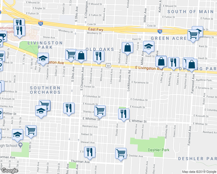 map of restaurants, bars, coffee shops, grocery stores, and more near 937 Linwood Avenue in Columbus