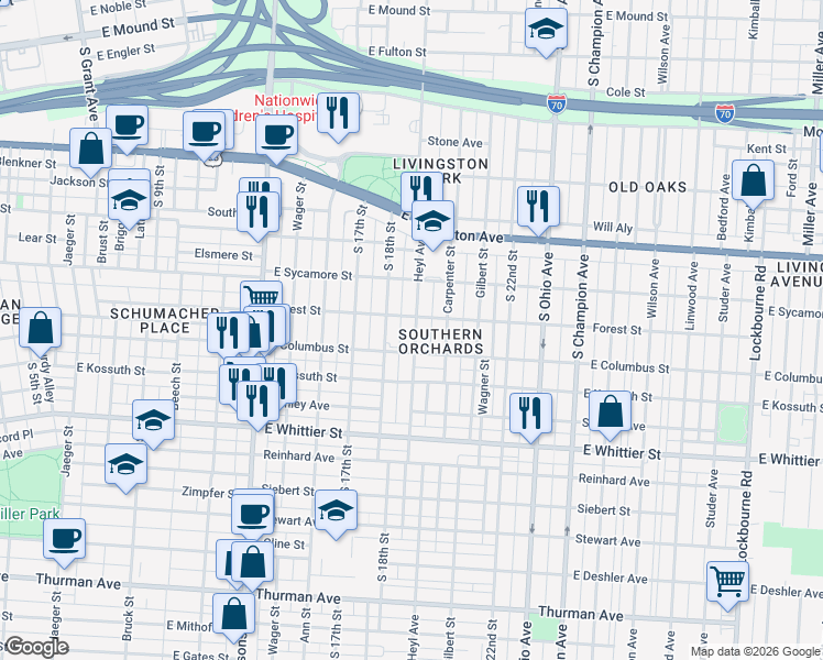 map of restaurants, bars, coffee shops, grocery stores, and more near 873 Heyl Avenue in Columbus