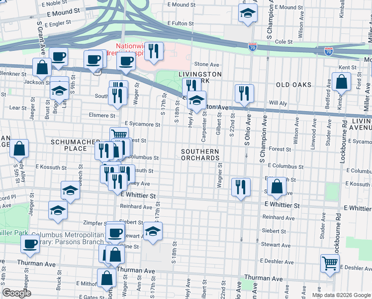 map of restaurants, bars, coffee shops, grocery stores, and more near 873 Heyl Avenue in Columbus