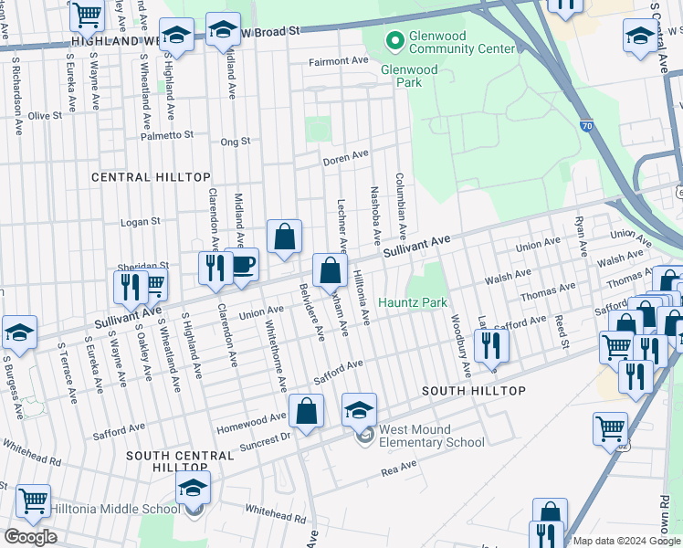 map of restaurants, bars, coffee shops, grocery stores, and more near 453 Hilltonia Avenue in Columbus