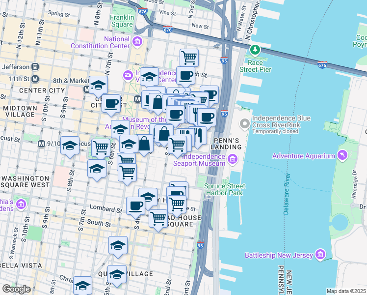 map of restaurants, bars, coffee shops, grocery stores, and more near 267 Walnut Street in Philadelphia