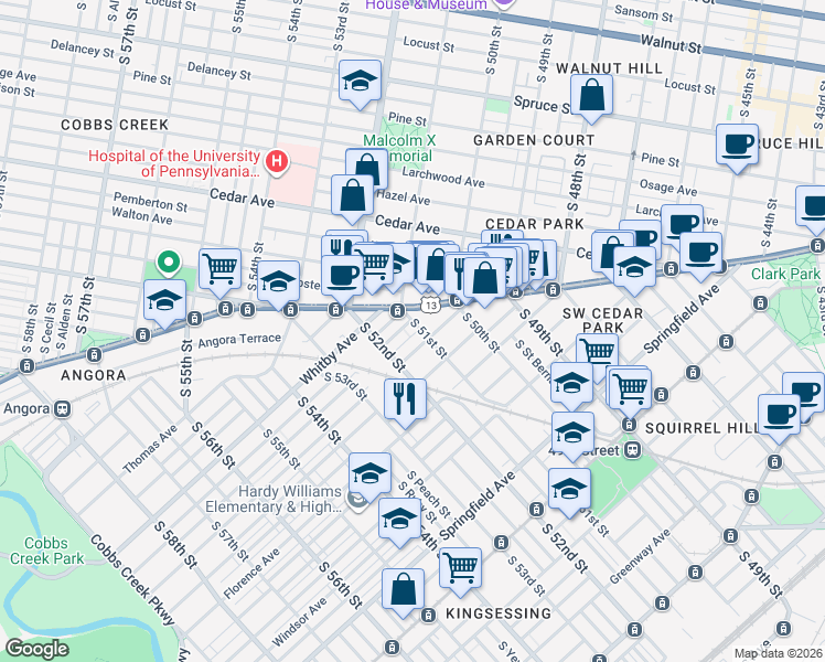 map of restaurants, bars, coffee shops, grocery stores, and more near 5119 Willows Avenue in Philadelphia