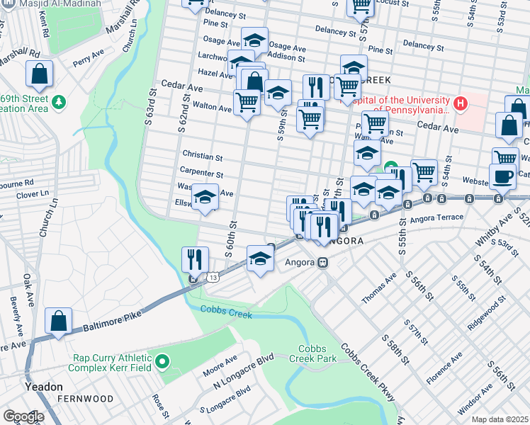 map of restaurants, bars, coffee shops, grocery stores, and more near 5905 Ellsworth Street in Philadelphia