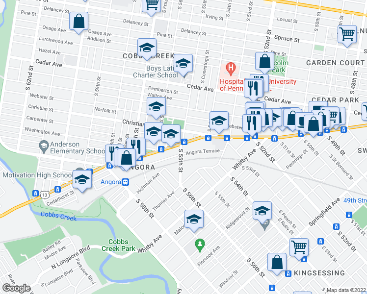 map of restaurants, bars, coffee shops, grocery stores, and more near 5472 Baltimore Avenue in Philadelphia