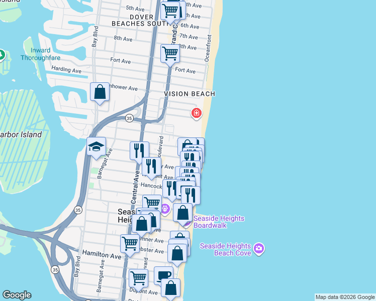 map of restaurants, bars, coffee shops, grocery stores, and more near 1 Carteret Avenue in Seaside Heights
