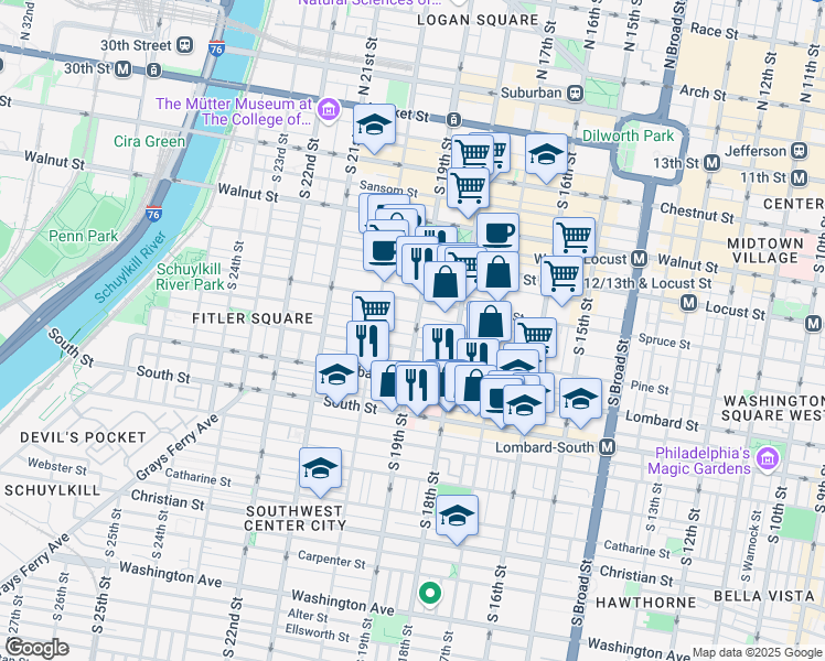 map of restaurants, bars, coffee shops, grocery stores, and more near 326 South 19th Street in Philadelphia