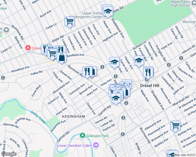map of restaurants, bars, coffee shops, grocery stores, and more near 3805 Bonsall Avenue in Drexel Hill