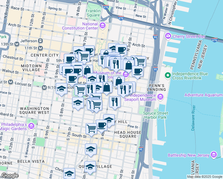 map of restaurants, bars, coffee shops, grocery stores, and more near 370 Walnut Street in Philadelphia