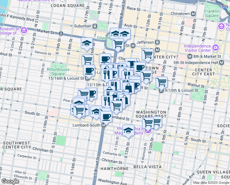 map of restaurants, bars, coffee shops, grocery stores, and more near 1321 Cypress Street in Philadelphia