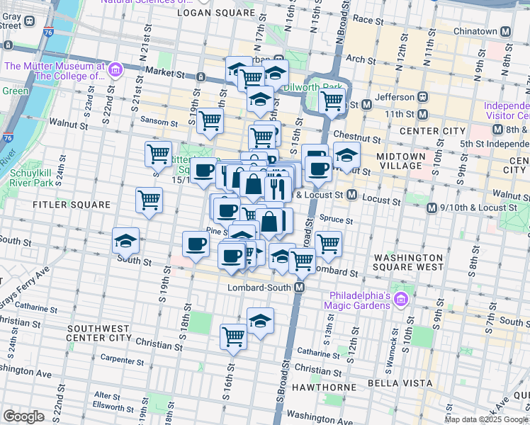 map of restaurants, bars, coffee shops, grocery stores, and more near 1520 Spruce Street in Philadelphia