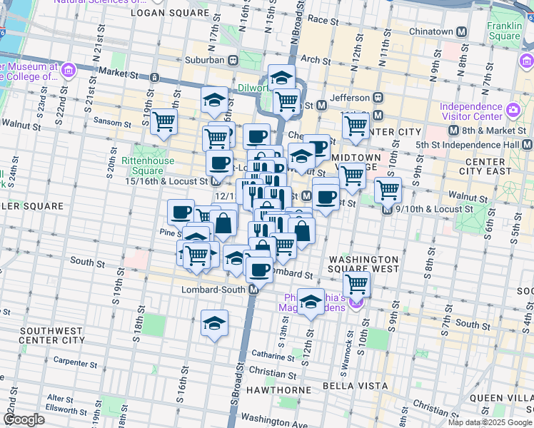 map of restaurants, bars, coffee shops, grocery stores, and more near 301 South Broad Street in Philadelphia