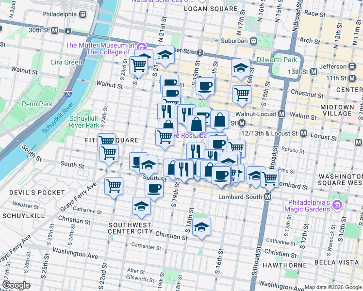 map of restaurants, bars, coffee shops, grocery stores, and more near 1826 Pine Street in Philadelphia