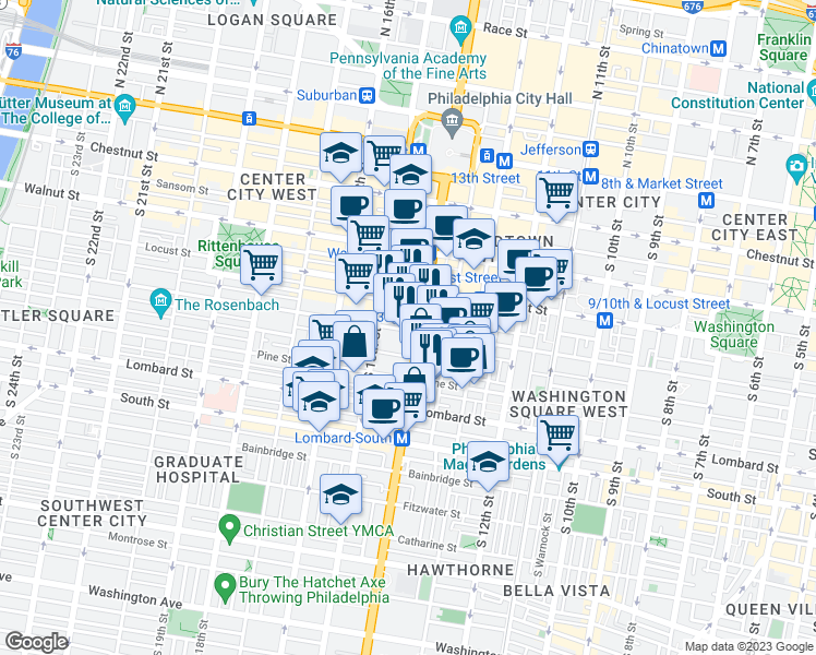 map of restaurants, bars, coffee shops, grocery stores, and more near 1403 Spruce Street in Philadelphia