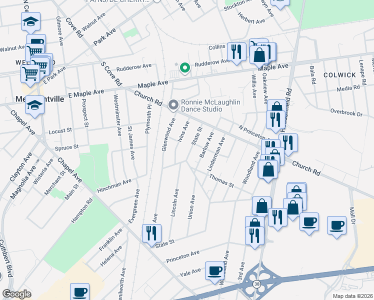 map of restaurants, bars, coffee shops, grocery stores, and more near 215 State Street in Cherry Hill