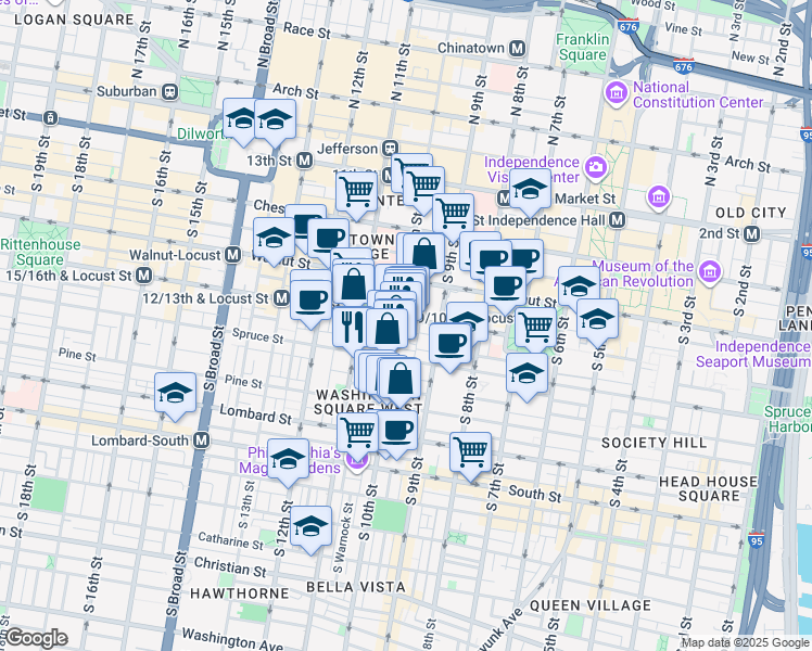 map of restaurants, bars, coffee shops, grocery stores, and more near in Philadelphia