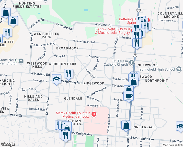 map of restaurants, bars, coffee shops, grocery stores, and more near 1719 Midvale Road in Springfield