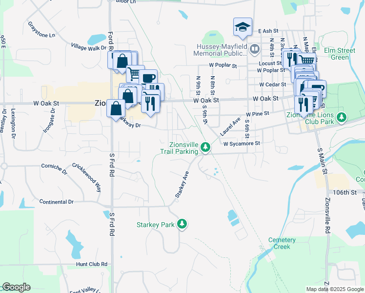 map of restaurants, bars, coffee shops, grocery stores, and more near 890 Starkey Avenue in Zionsville