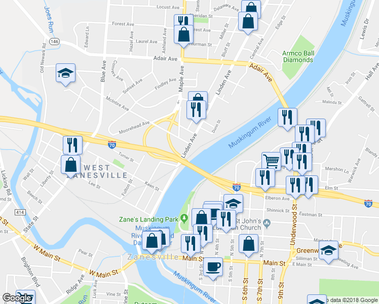 map of restaurants, bars, coffee shops, grocery stores, and more near 760 Linden Avenue in Zanesville