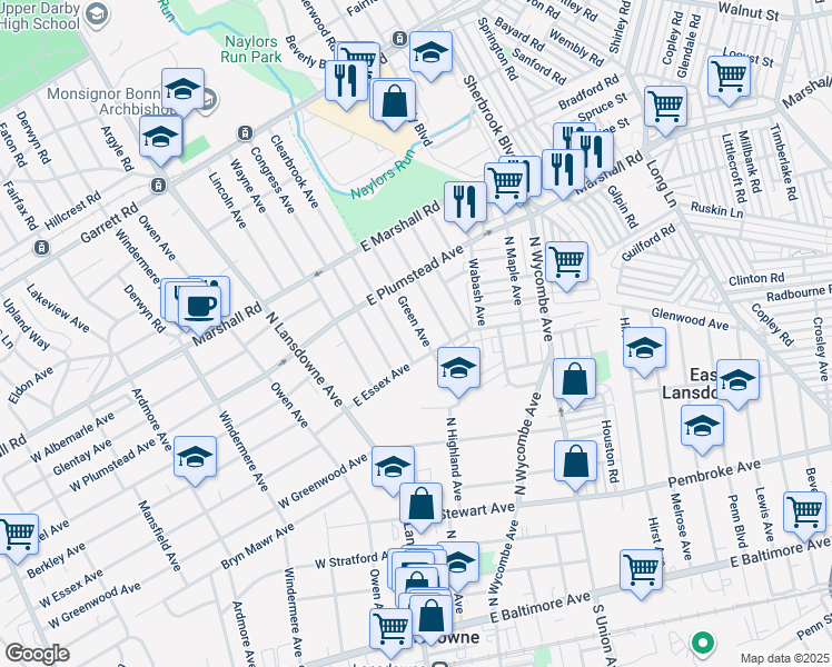 map of restaurants, bars, coffee shops, grocery stores, and more near 212 Green Avenue in Lansdowne