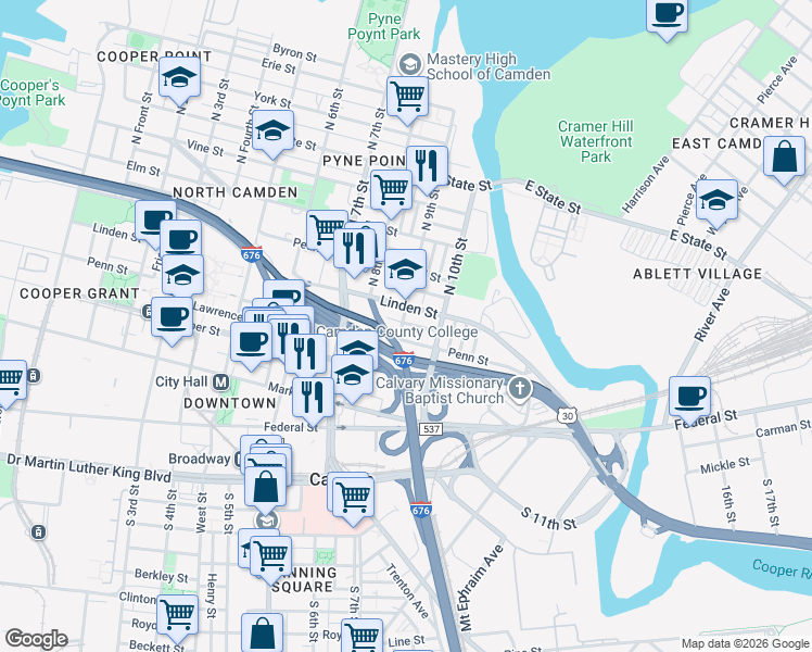 map of restaurants, bars, coffee shops, grocery stores, and more near 917 Penn Street in Camden