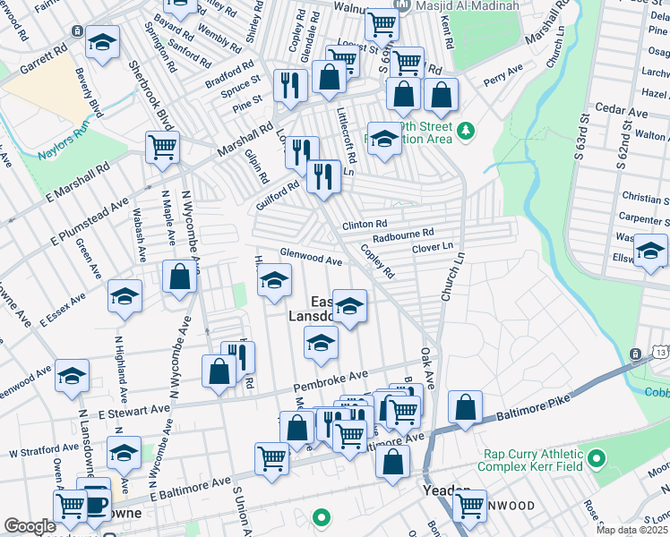 map of restaurants, bars, coffee shops, grocery stores, and more near 223 Penn Boulevard in East Lansdowne