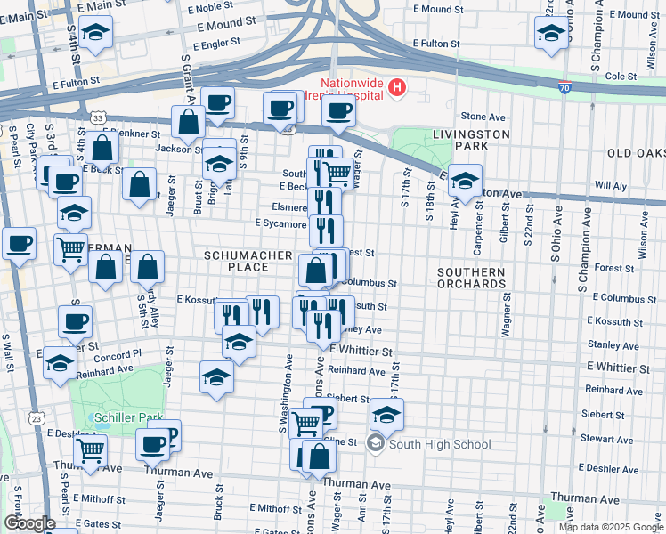map of restaurants, bars, coffee shops, grocery stores, and more near 845 Parsons Avenue in Columbus