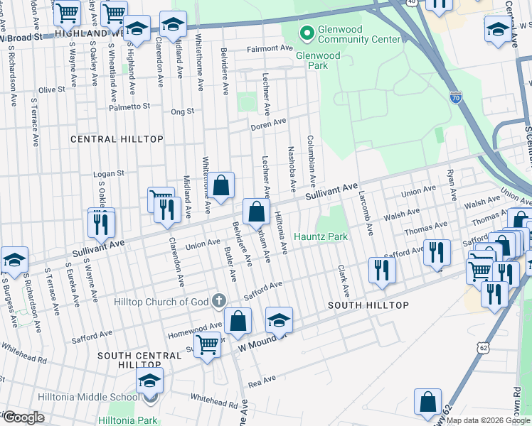 map of restaurants, bars, coffee shops, grocery stores, and more near 453 Hilltonia Avenue in Columbus