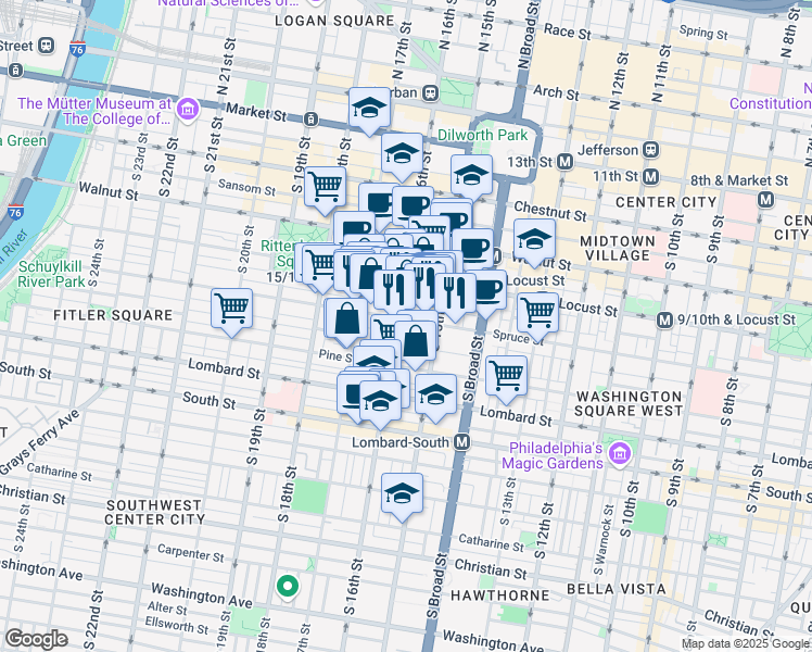 map of restaurants, bars, coffee shops, grocery stores, and more near 1526 Spruce Street in Philadelphia