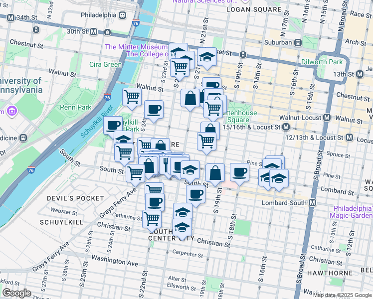 map of restaurants, bars, coffee shops, grocery stores, and more near 414 South 21st Street in Philadelphia