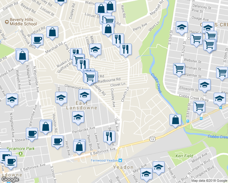 map of restaurants, bars, coffee shops, grocery stores, and more near 7072 Greenwood Avenue in Upper Darby