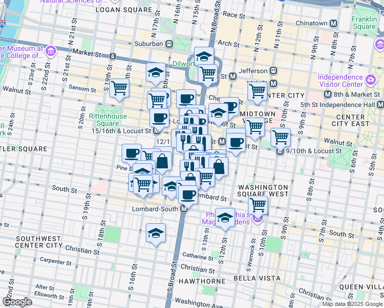 map of restaurants, bars, coffee shops, grocery stores, and more near 1403 Spruce Street in Philadelphia