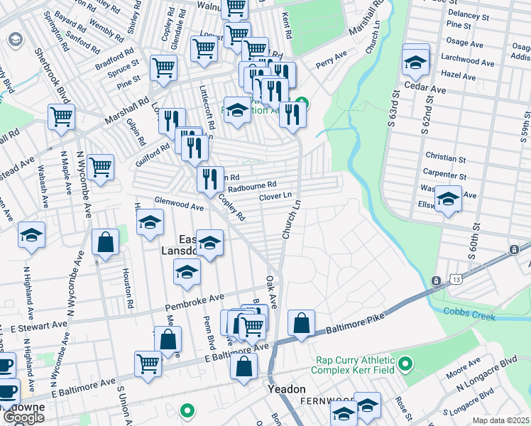 map of restaurants, bars, coffee shops, grocery stores, and more near 7072 Greenwood Avenue in Upper Darby