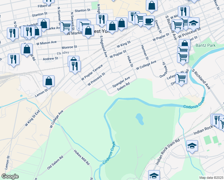 map of restaurants, bars, coffee shops, grocery stores, and more near 1461 Salem Road in York
