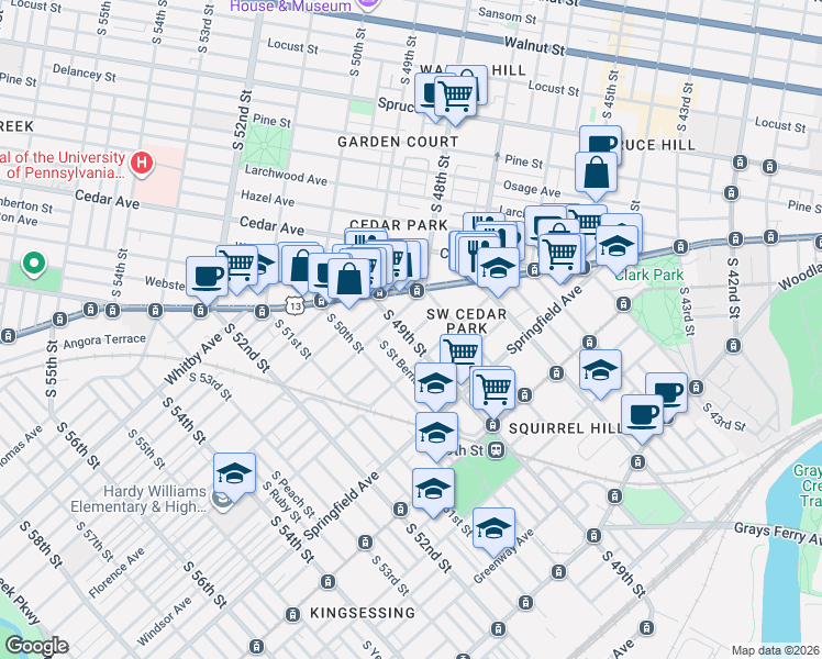 map of restaurants, bars, coffee shops, grocery stores, and more near 815 South 49th Street in Philadelphia