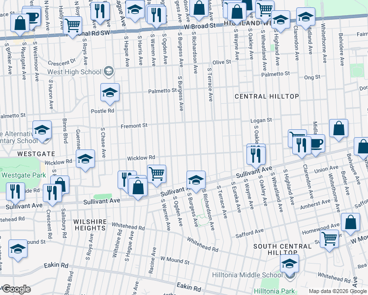 map of restaurants, bars, coffee shops, grocery stores, and more near 416 South Burgess Avenue in Columbus