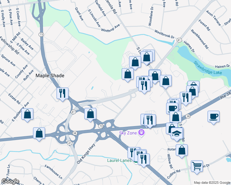 map of restaurants, bars, coffee shops, grocery stores, and more near 115 East Kings Highway in Maple Shade