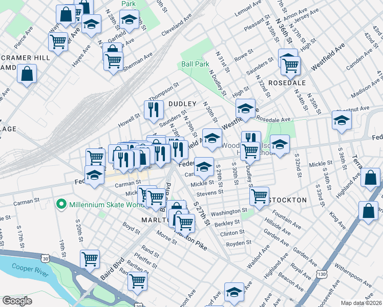 map of restaurants, bars, coffee shops, grocery stores, and more near 1 Leonard Avenue in Camden