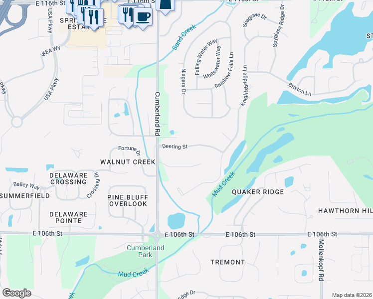 map of restaurants, bars, coffee shops, grocery stores, and more near 204 Valley Farm Court in Fishers