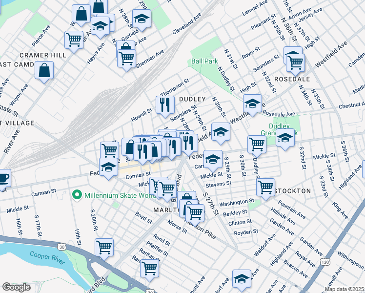 map of restaurants, bars, coffee shops, grocery stores, and more near 15 North 27th Street in Camden